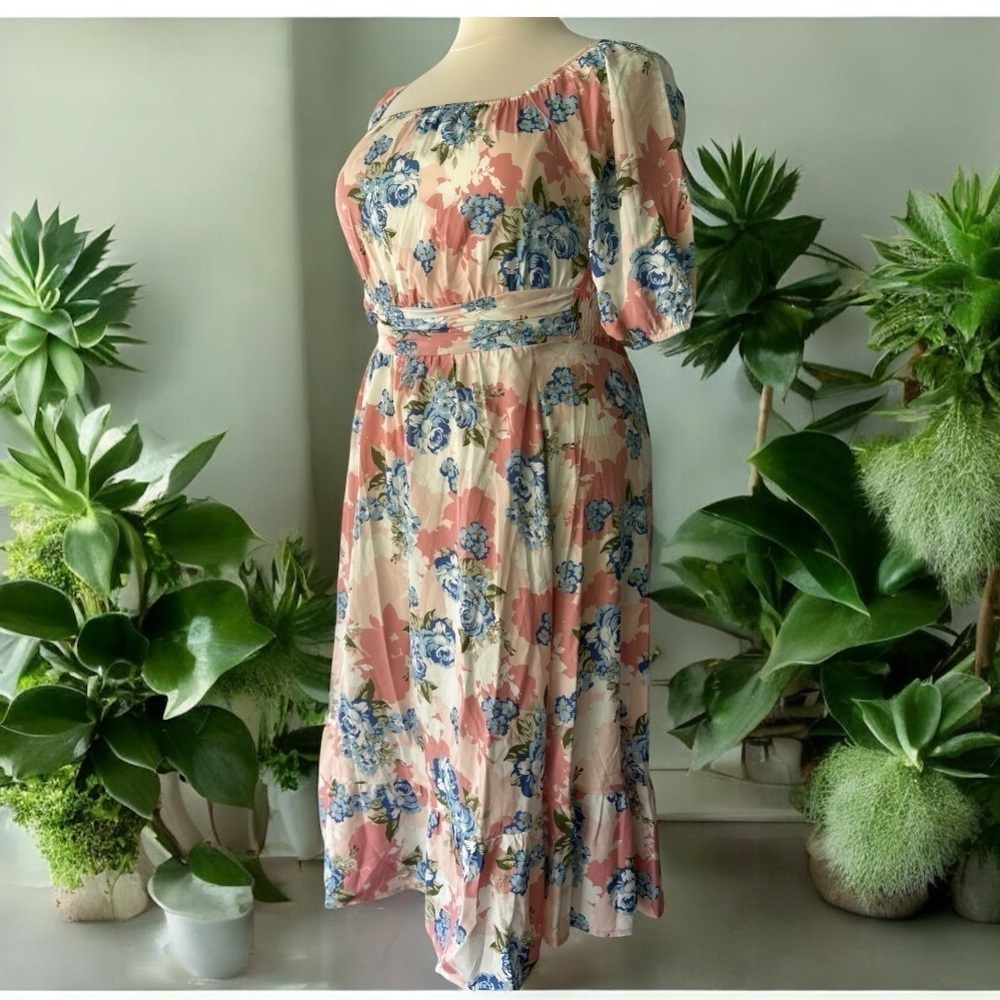 NWT!Floral Pink & Blue Off/On Shoulder Pocket Dress Size 10 or Medium - Picture 4 of 9